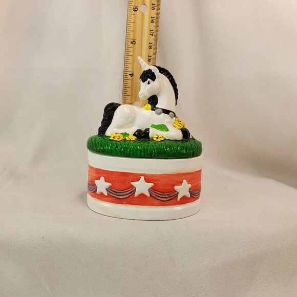 Vintage Y2K Hand painted Ceramic Unicorn Small Trinket Jewelry Box Holder - Picture 6 of 15